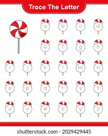Trace the letter. Tracing letter with Candy. Educational children game, printable worksheet, vector illustration