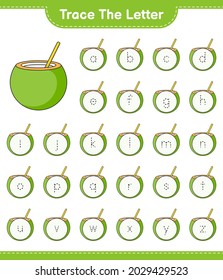 Rastrear la carta. Cartel de seguimiento con Coconut. Juego infantil educativo, hoja de cálculo imprimible, ilustración vectorial
