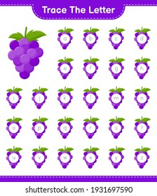 Trace the letter. Tracing letter with Grape. Educational children game, printable worksheet, vector illustration