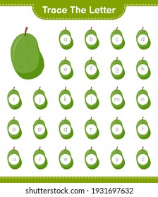 Trace the letter. Tracing letter with Jackfruit. Educational children game, printable worksheet, vector illustration