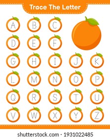 Trace the letter. Tracing letter with Orange. Educational children game, printable worksheet, vector illustration