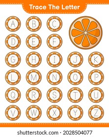 Trace the letter. Tracing letter with Orange. Educational children game, printable worksheet, vector illustration
