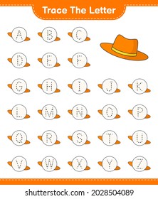 Rastrear la carta. Letra de seguimiento con sombrero de verano. Juego infantil educativo, hoja de cálculo imprimible, ilustración vectorial