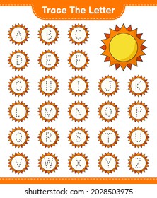 Trace the letter. Tracing letter with Sun. Educational children game, printable worksheet, vector illustration