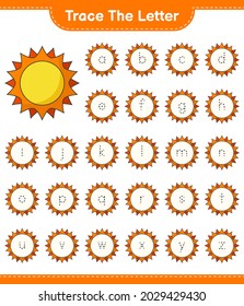 Trace the letter. Tracing letter with Sun. Educational children game, printable worksheet, vector illustration