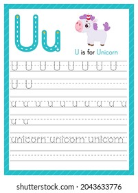 Trace letter U uppercase and lowercase. Alphabet tracing practice preschool worksheet for kids learning English with cute cartoon animal. Activity page for Pre K, kindergarten. Vector illustration