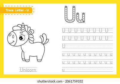 Trace letter U uppercase and lowercase. Alphabet tracing practice preschool worksheet for kids learning English with cute cartoon animal. Coloring book for Pre K, kindergarten. Vector illustration