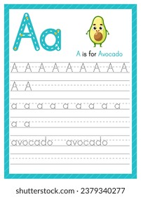 Trace letter A uppercase and lowercase. Alphabet tracing practice preschool worksheet for kids learning English with cartoon avocado. Activity page for Pre K, kindergarten. Vector illustration.