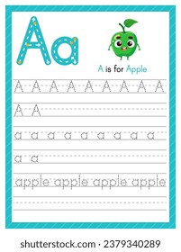 Trace letter A uppercase and lowercase. Alphabet tracing practice preschool worksheet for kids learning English with cartoon apple. Activity page for Pre K, kindergarten. Vector illustration.