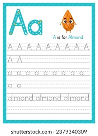 Trace letter A uppercase and lowercase. Alphabet tracing practice preschool worksheet for kids learning English with cartoon almond. Activity page for Pre K, kindergarten. Vector illustration.