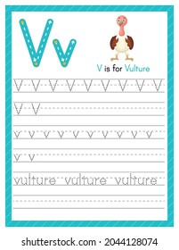 Trace letter V uppercase and lowercase. Alphabet tracing practice preschool worksheet for kids learning English with cute cartoon animal. Activity page for Pre K, kindergarten. Vector illustration
