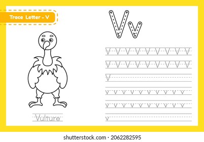 Trace letter V uppercase and lowercase. Alphabet tracing practice preschool worksheet for kids learning English with cute cartoon animal. Coloring book for Pre K, kindergarten. Vector illustration