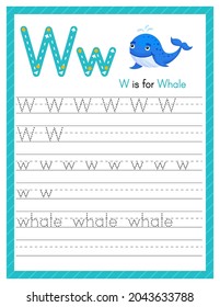 Trace letter W uppercase and lowercase. Alphabet tracing practice preschool worksheet for kids learning English with cute cartoon animal. Activity page for Pre K, kindergarten. Vector illustration