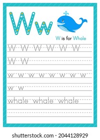 Trace letter W uppercase and lowercase. Alphabet tracing practice preschool worksheet for kids learning English with cute cartoon animal. Activity page for Pre K, kindergarten. Vector illustration