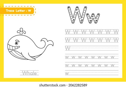 Trace letter W uppercase and lowercase. Alphabet tracing practice preschool worksheet for kids learning English with cute cartoon animal. Coloring book for Pre K, kindergarten. Vector illustration