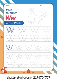 Letra de seguimiento W mayúscula y minúscula. Hoja de trabajo preescolar para niños que aprenden inglés con color animal