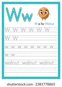 Trace letter W uppercase and lowercase. Alphabet tracing practice preschool worksheet for kids learning English with cartoon walnut. Activity page for Pre K, kindergarten. Vector illustration.