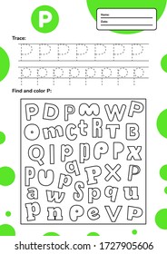Trace letter worksheet a4 for kids preschool and school age. Game for children. Find and color. Vector illustration.