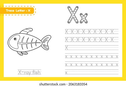 Trace letter X uppercase and lowercase. Alphabet tracing practice preschool worksheet for kids learning English with cute cartoon animal. Coloring book for Pre K, kindergarten. Vector illustration