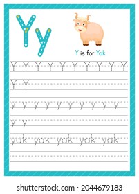 Trace letter Y uppercase and lowercase. Alphabet tracing practice preschool worksheet for kids learning English with cute cartoon animal. Activity page for Pre K, kindergarten. Vector illustration