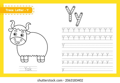 Trace letter Y uppercase and lowercase. Alphabet tracing practice preschool worksheet for kids learning English with cute cartoon animal. Coloring book for Pre K, kindergarten. Vector illustration