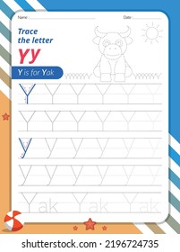 Trace Letter Y Uppercase and Lowercase. Alphabet Tracing Practice Preschool Worksheet for Kids Learning English With Animal Coloring