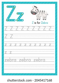Trace letter Z uppercase and lowercase. Alphabet tracing practice preschool worksheet for kids learning English with cute cartoon animal. Activity page for Pre K, kindergarten. Vector illustration
