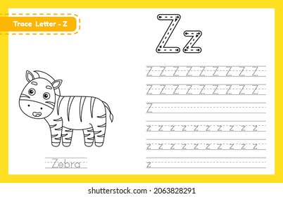 Trace letter Z uppercase and lowercase. Alphabet tracing practice preschool worksheet for kids learning English with cute cartoon animal. Coloring book for Pre K, kindergarten. Vector illustration