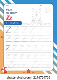 Trace Letter Z Uppercase and Lowercase. Alphabet Tracing Practice Preschool Worksheet for Kids Learning English With Animal Coloring