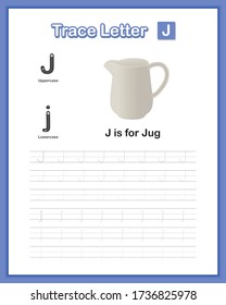 Trace Letter-J : A-Z Object,  Lowercase letter, Hand Writing Practice Book