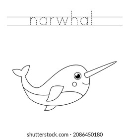 Trace Letters And Color Black And White Narwhal.