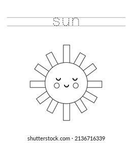 Trace Letters And Color Black And White Cute Kawaii Sun.