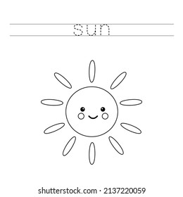 Trace Letters And Color Black And White Cute Kawaii Sun.