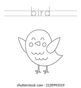 Trace letters and color black and white cute spring bird.