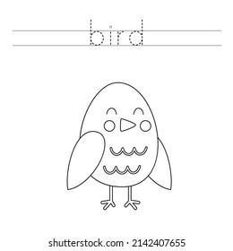 Trace letters and color black and white cute spring bird.