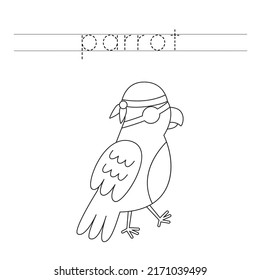 Trace Letters And Color Black And White Parrot With Eye Patch.