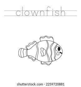 Trace letters and color black and white cute clownfish.