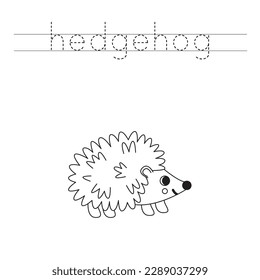 Trace letters and color black and white hedgehog.