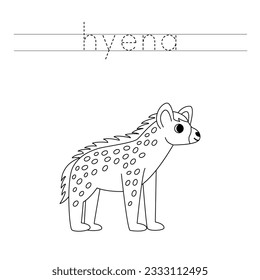 Trace letters and color black and white cartoon hyena.