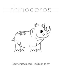 Trace letters and color black and white cartoon rhinoceros.