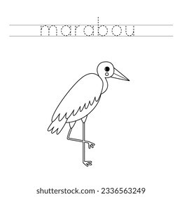 Trace Buchstaben und Farbe schwarz-weißer Cartoon marabou Vogel.