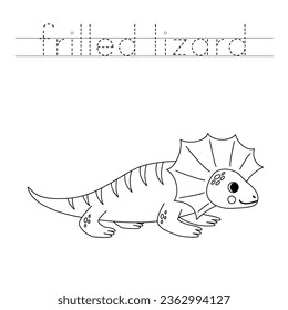 Trace letters and color black and white cartoon frilled neck lizard.