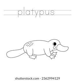 Trace letters and color black and white cartoon platypus.