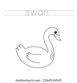 Trace letters and color black and white cartoon swan.