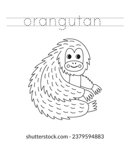 Trace letters and color black and white cartoon orangutan.