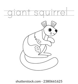 Trace letters and color black and white cartoon giant squirrel.