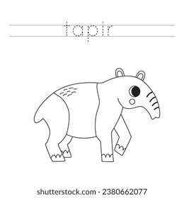 Trace letters and color black and white cartoon tapir.