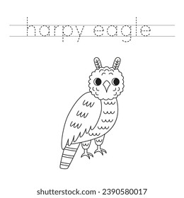 Trace letters and color black and white cartoon harpy eagle.