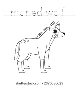 Trace letters and color black and white cartoon maned wolf.