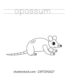 Trace letters and color black and white cartoon opossum.